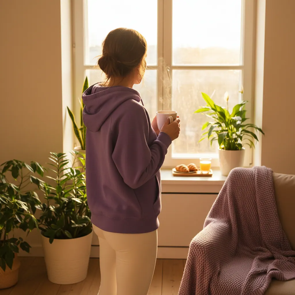 Anonymous person from behind holding white mug looking out bright window - food supplement for active lifestyle women men